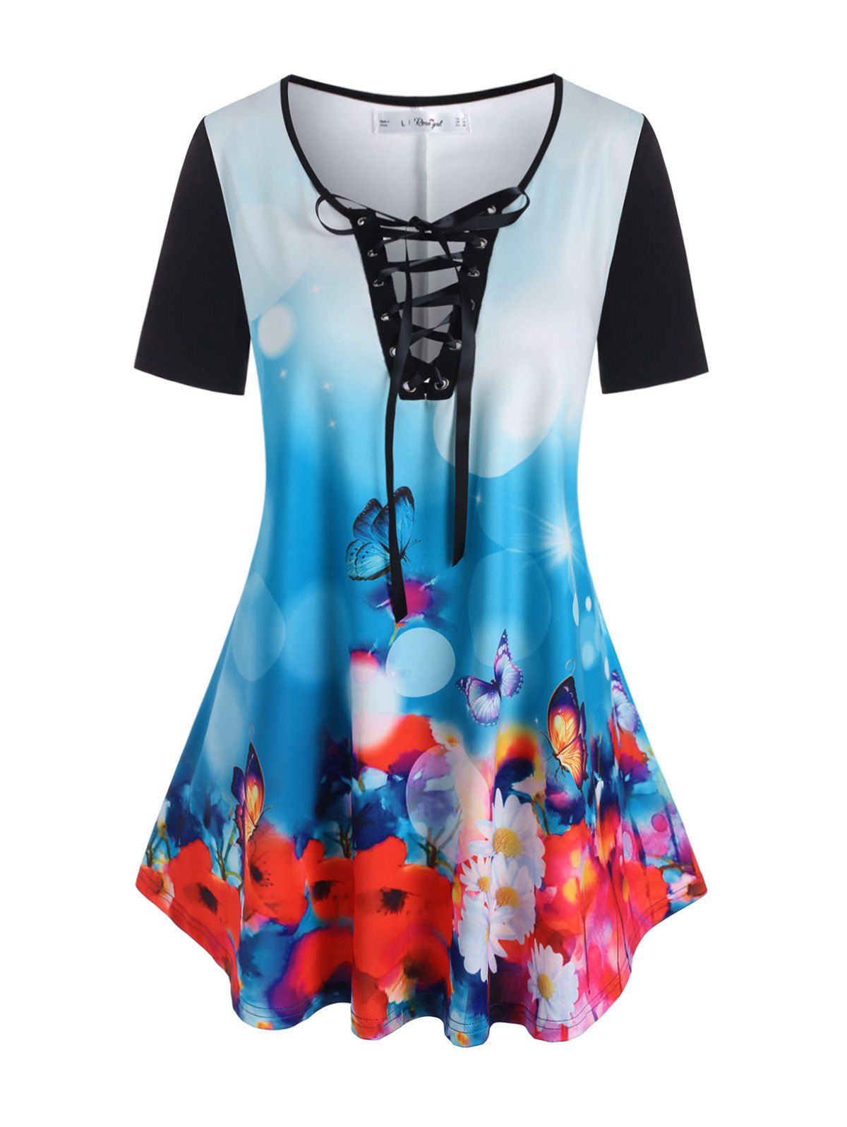 Plus Size Lace-up Ombre Butterfly Flower Print Tunic Tee - BLACK L