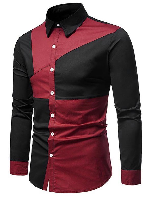 Chemise Boutonnée à Manches Longues Couleur Contrastée - Rouge Vineux XL
