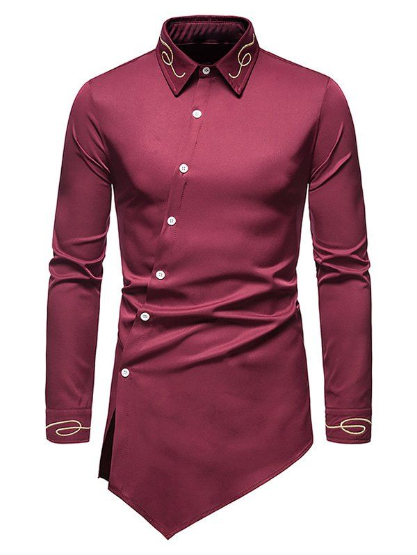 Metallic Thread Embroidered Button Up Asymmetrical Shirt - RED WINE XXL