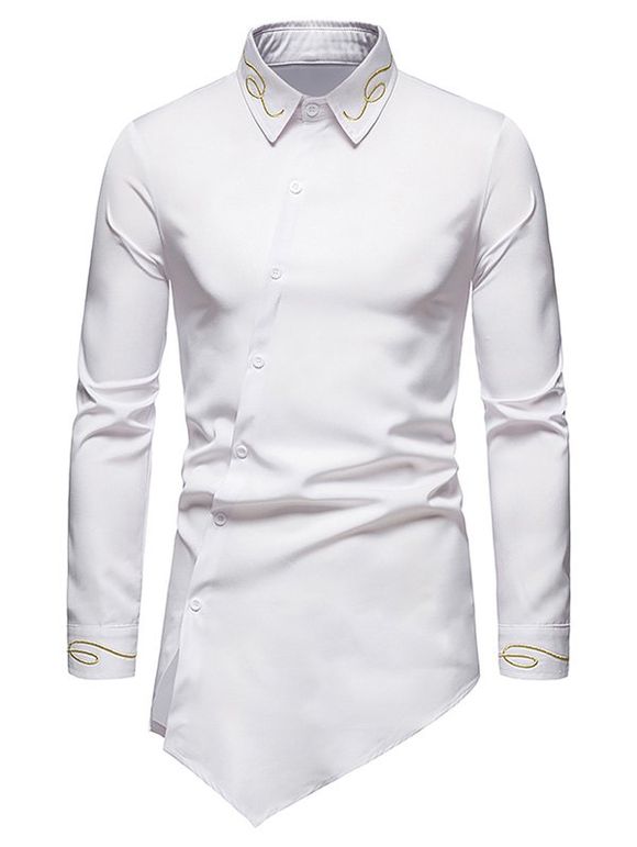 Metallic Thread Embroidered Button Up Asymmetrical Shirt - WHITE XXL