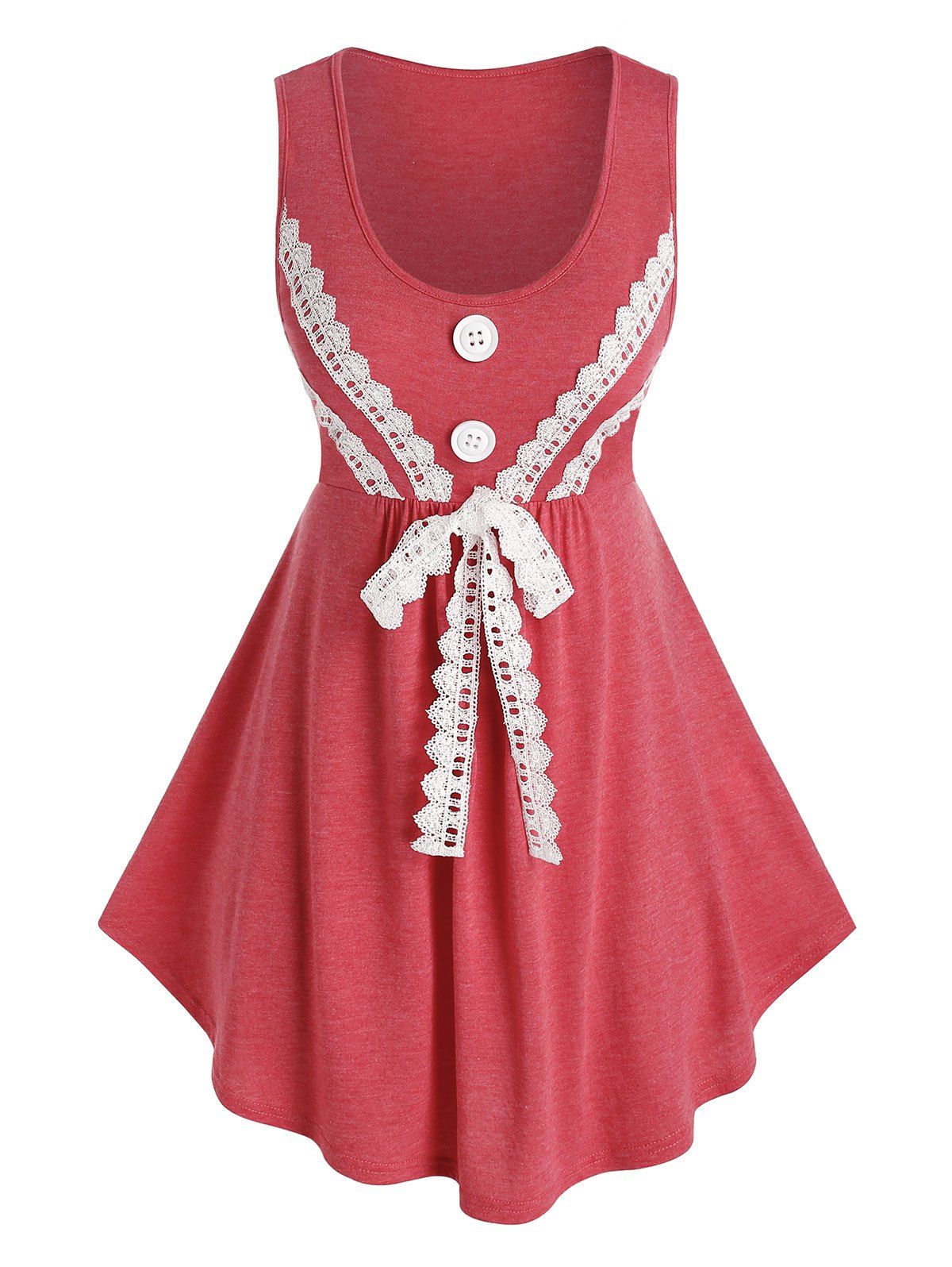 Plus Size Button Lace Bowknot Tank Top - RED 5X