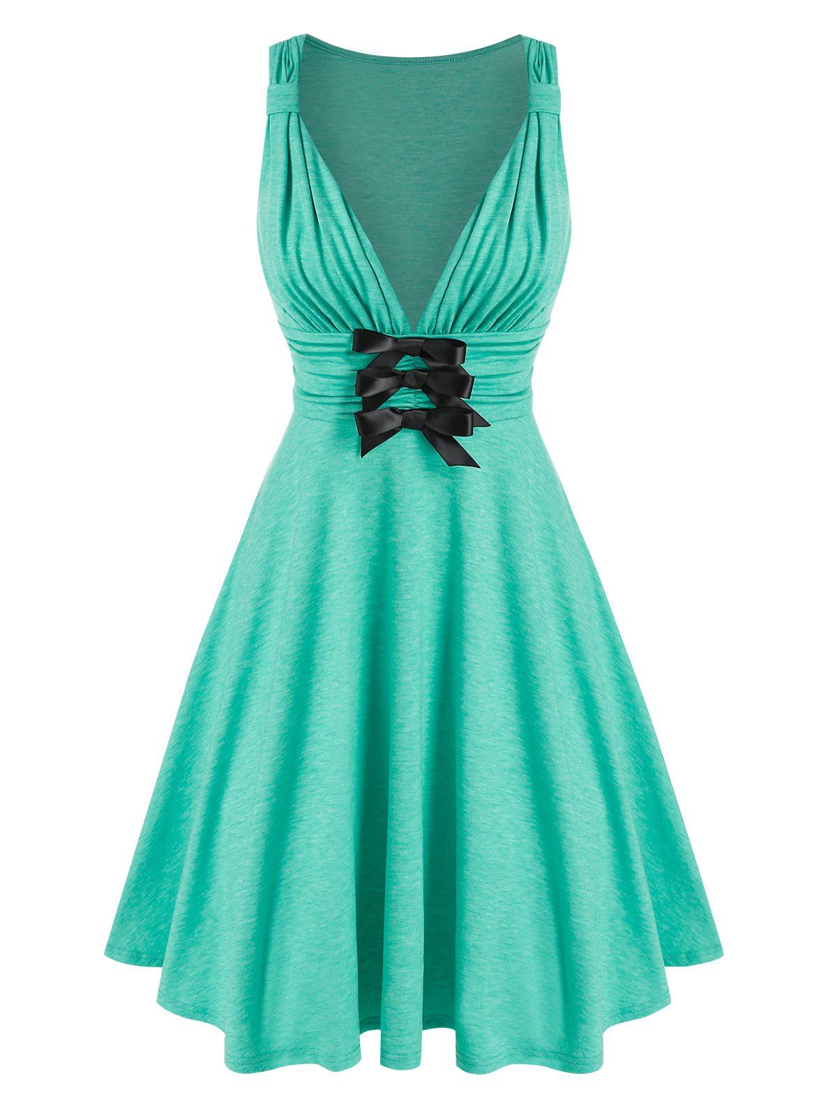 Plunging Neck A Line Dress Ruched Bowknot Wide Waist Party Fit And Flare Dress - GREEN XXXL