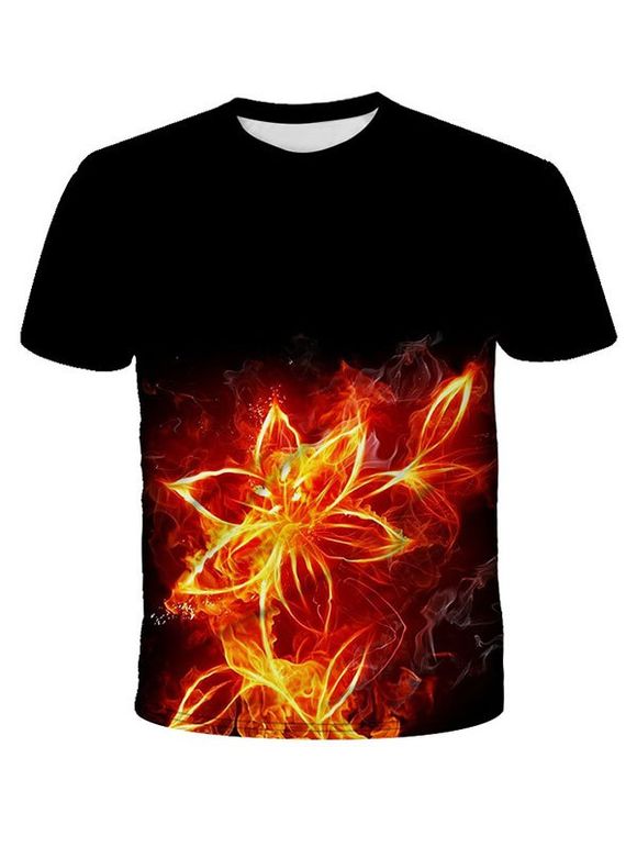 T-shirt à Imprimé Fleur Feu à Manches Courtes - Noir 2XL