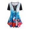 Plus Size Lace-up Ombre Butterfly Flower Print Tunic Tee - BLACK L