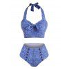 Matching Swimsuit Knotted Sailor Style Denim Printed Halter Bikini Swimwear - LIGHT BLUE L