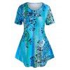 T-shirt Courbe Fleuri Imprimé à Demi-Bouton de Grande Taille - Bleu 1X