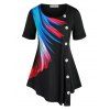 T-shirt Irrégulier Imprimé avec Bouton de Grande Taille - Noir 1X