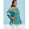 Plus Size Plaid Cold Shoulder Front Tie Lace Crochet Blouse - GREEN 5X
