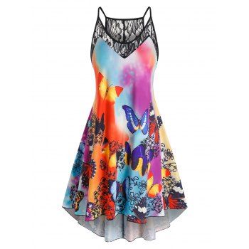 

Plus Size Lace Panel Butterfly Print High Low Dress, Multicolor