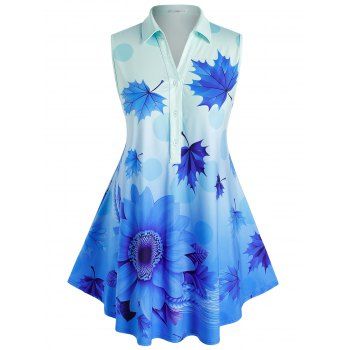 

Plus Size Maple Leaf Sunflower Print Ombre Color Blouse, Blue