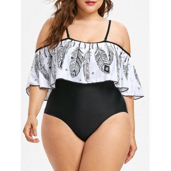 

Plus Size Feather Print Flounce One-piece Swimsuit, Black