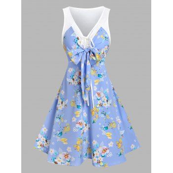 

Sleeveless Floral Print Bowknot Detail Dress, Light blue