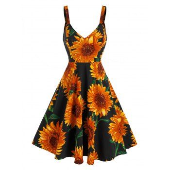 

Sleeveless Sunflower Print Flare Dress, Black