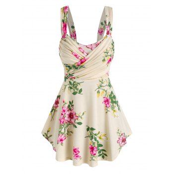 

Ruched Crossover Floral Print Tank Top, Light yellow