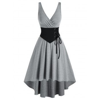 

Plunge Corset Waist Lace Up High Low Dress, Gray