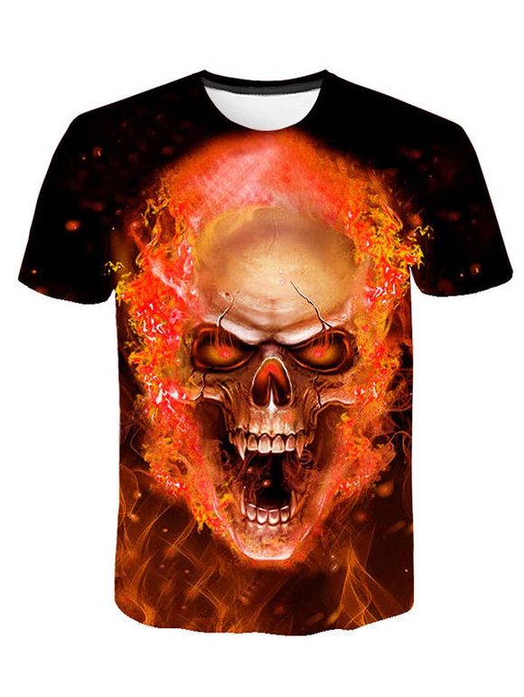 T-shirt à Imprimé 3D Crâne de Feu à Manches Courtes - Rouge S