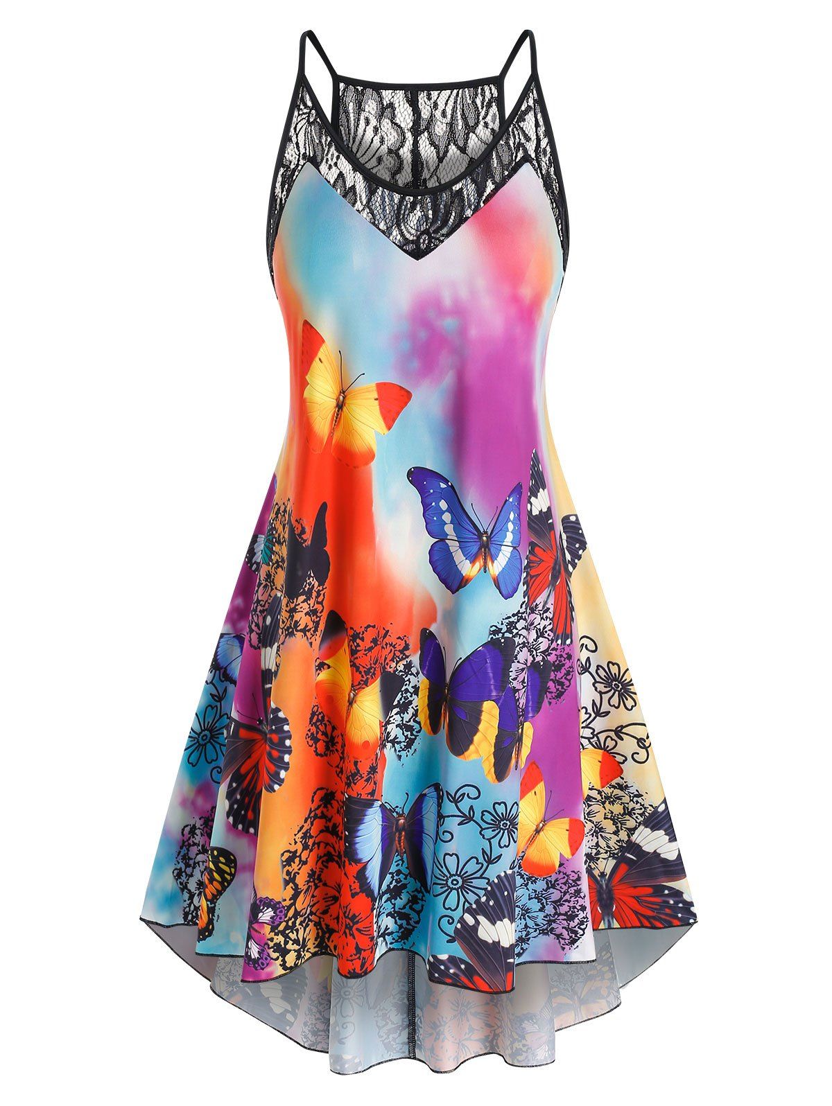 Plus Size Lace Panel Butterfly Print High Low Dress - multicolor 5X
