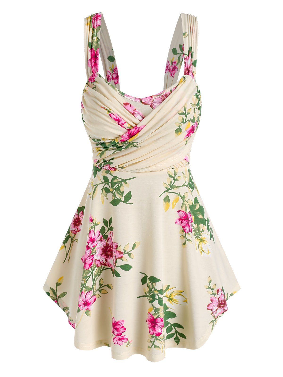 Ruched Crossover Floral Print Tank Top - LIGHT YELLOW M