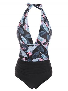 Tropical Print Halter Plunge Front Tummy Control One-piece Swimsuit