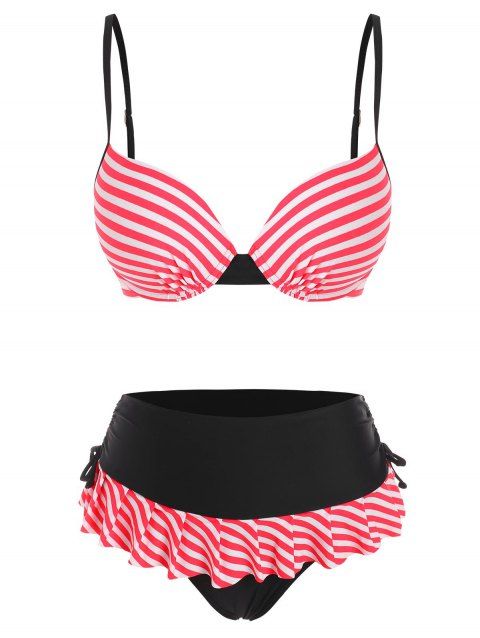Striped Underwire Ruffle Cinched Tie Bikini Swimwear