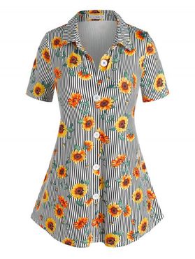 Plus Size Striped Sunflower Print Shirt