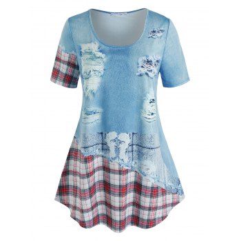 

Plus Size 3D Ripped Denim Print Plaid T Shirt, Light blue