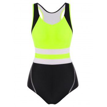 

Neon Color Blocking Topstitch Racerback One-piece Swimsuit, Yellow