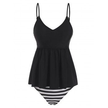 Striped Peplum Mix and Match Tankini Swimwear, Black