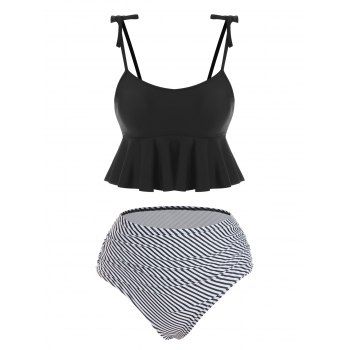 

Striped Tie Shoulder Peplum Tummy Control Tankini Swimwear, Black