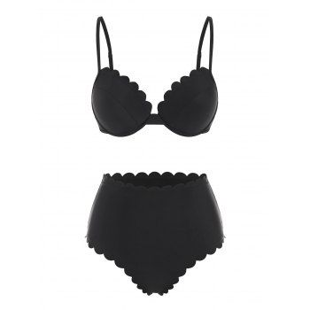 

Scalloped Underwire High Waisted Bikini Swimwear, Black