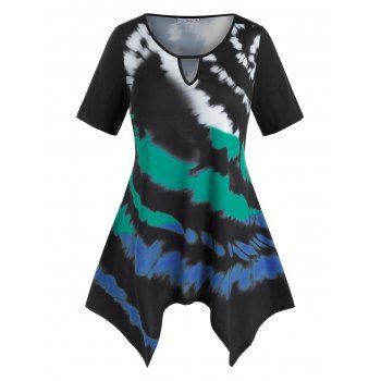 

Plus Size Tie Dye Keyhole Hanky Hem Short Sleeve Tee, Black