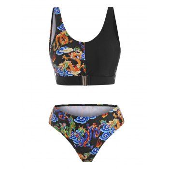 

Dragon Print Oriental Front Closure Tank Bikini Swimwear, Black