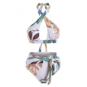 

Leaf Flower Print Halter Belted Bikini Swimwear, Multicolor