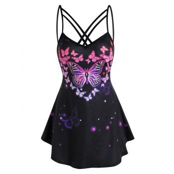 

Criss Cross Butterfly Printed Tank Top, Black