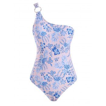 

Flower Print O Ring One Shoulder One-piece Swimsuit, Light purple