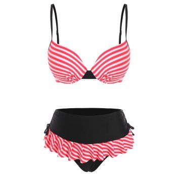 

Striped Underwire Ruffle Cinched Tie Bikini Swimwear, Red