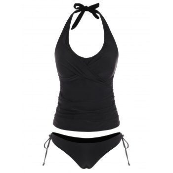 

Halter Twisted Ruched Tie Side Tankini Swimwear, Black