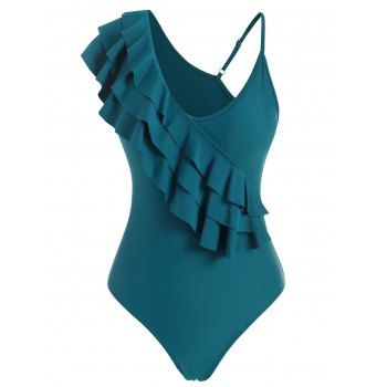 

Skew Neck Layered Flounce One-piece Swimsuit, Blue