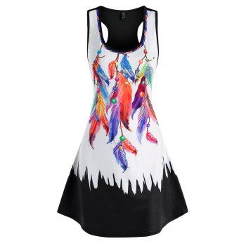 

Feather Pattern Colorblock Mini Tank Dress, Black