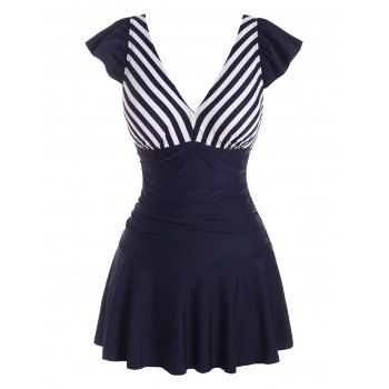 

Plunge Ruched Sailor Striped One-piece Swimdress, Deep blue