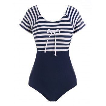 

Cutout Tie Sailor Striped One-piece Swimsuit, Deep blue