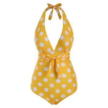 

Polka Dot Tied Plunge Front Halter One-piece Swimsuit, Yellow