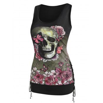 

Skull Floral Printed Lace Up Tank Top, Black