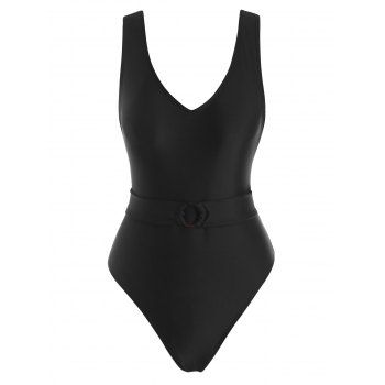 

Plunging O Ring Belted One-piece Swimsuit, Black