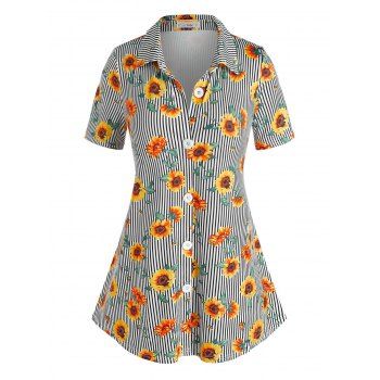 

Plus Size Striped Sunflower Print Shirt, Yellow