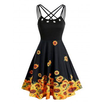 

Criss Cross Grommet Sunflower Print Dress, Black