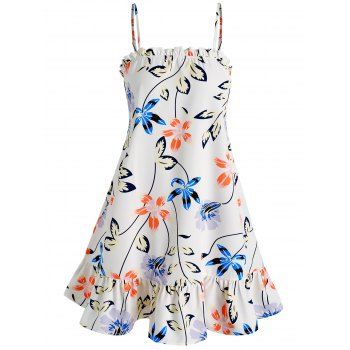 

Flower and Leaves Print Flounced Cami Dress, White