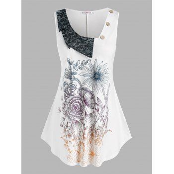 

Plus Size Flower Print Asymmetric Collar Buttoned Tank Top, White