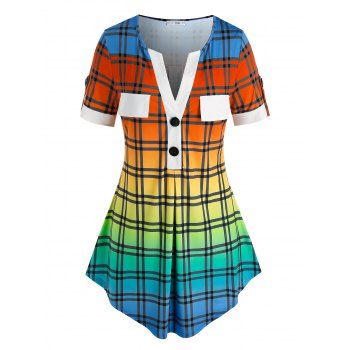 

Plus Size Ombre Color Plaid Curved Blouse, Multicolor
