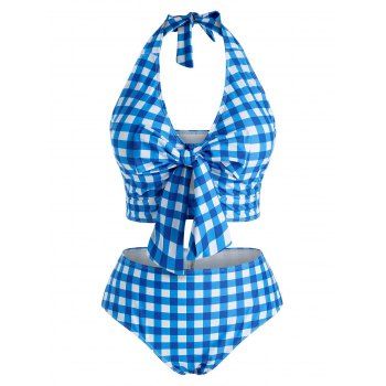 

Plus Size Halter Plunge Bowknot Checked Tankini Swimwear, Light blue